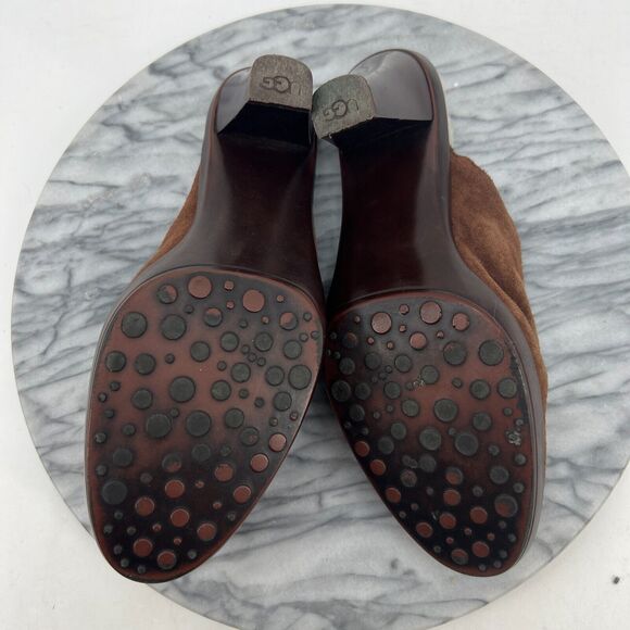 UGG Stacked Block Heeled Mules Womens 9.5 Brown Suede Shearling Lining Slip On - Picture 7 of 11